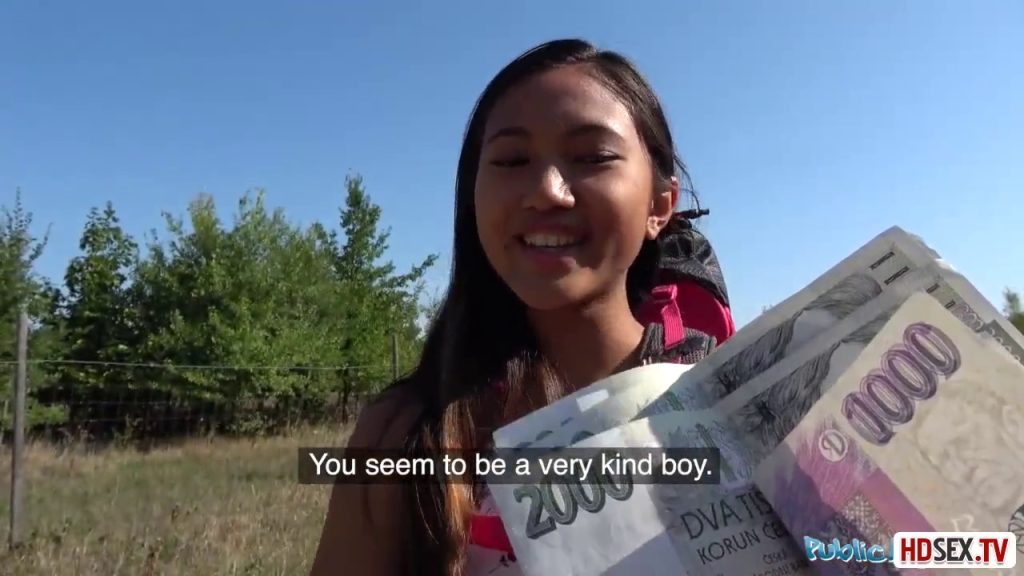 Asian teen brunette didn't mind sucking a stranger's dick for some cash, in the nature