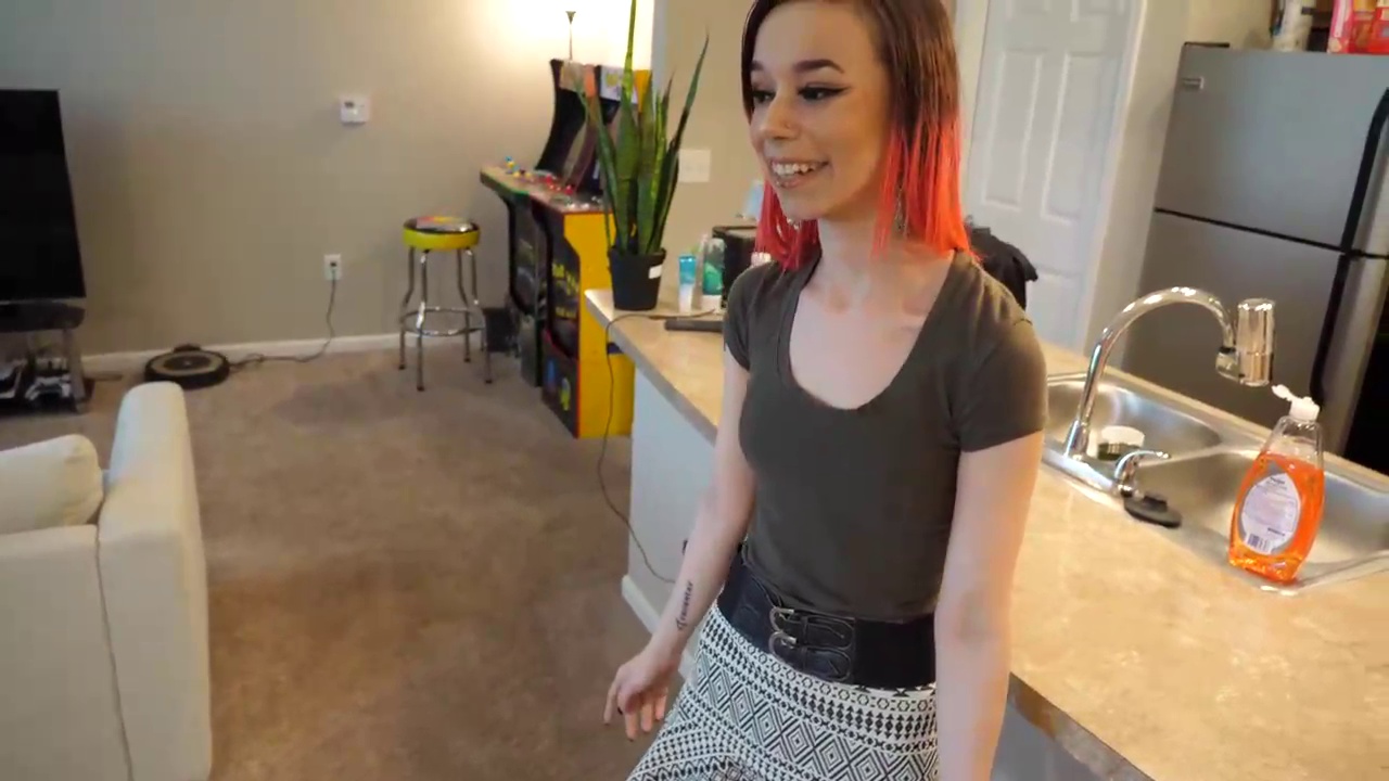 Slim teen with small tits and pierced nipples is rubbing her best friend's rock hard dick